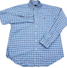 Ralph Lauren Shirt Men Medium Blue Button Up Oxford Cloth Tattersall Plaid Dress
