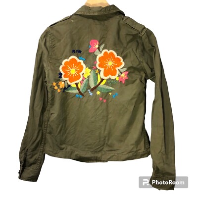 Lucky Brand Jacket Floral Embroidered Light Military Style Army