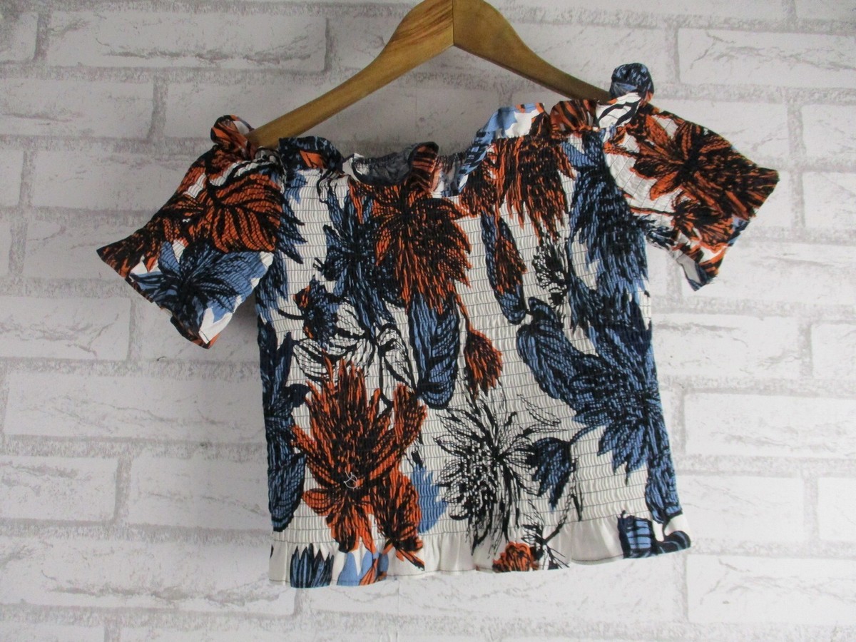 Kookai womens off shoulder top blouse white blue brown floral
