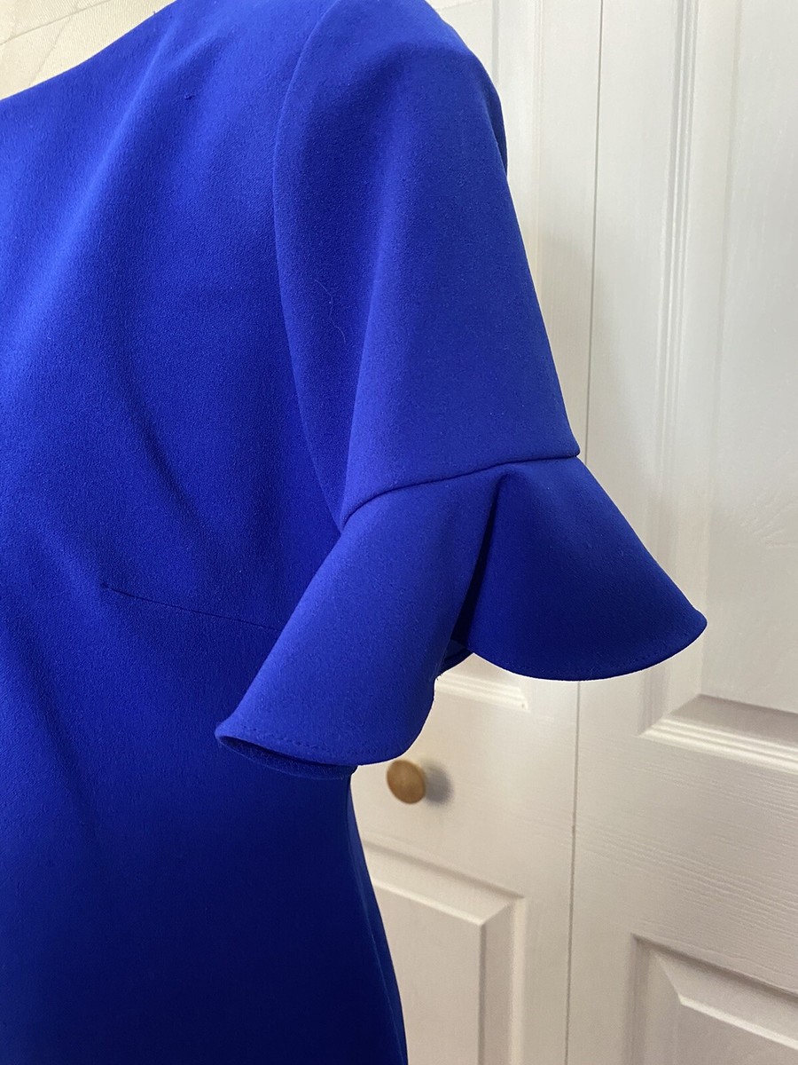 NEW Calvin Klein Size Royal Blue Sheath Dress Short Ruffle Tulip Sleeves  Women