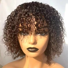 2# Kinky Curly Wig None Lace Afro Curly Wig with Bangs Brazilian Human Hair Wigs