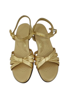 SAS Strappy  Gold Metallic Leather Strap Dress Sandals Size 9.5 Narrow Low Heel