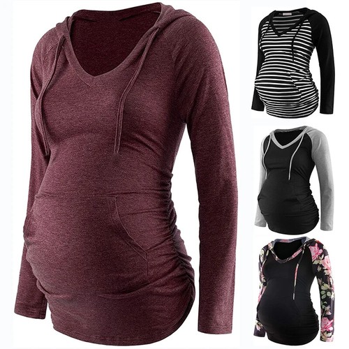 Umstands-Hoodies Streifendruck V-Ausschnitt Sweatshirts Oberteil Schwangere Stillkleidung