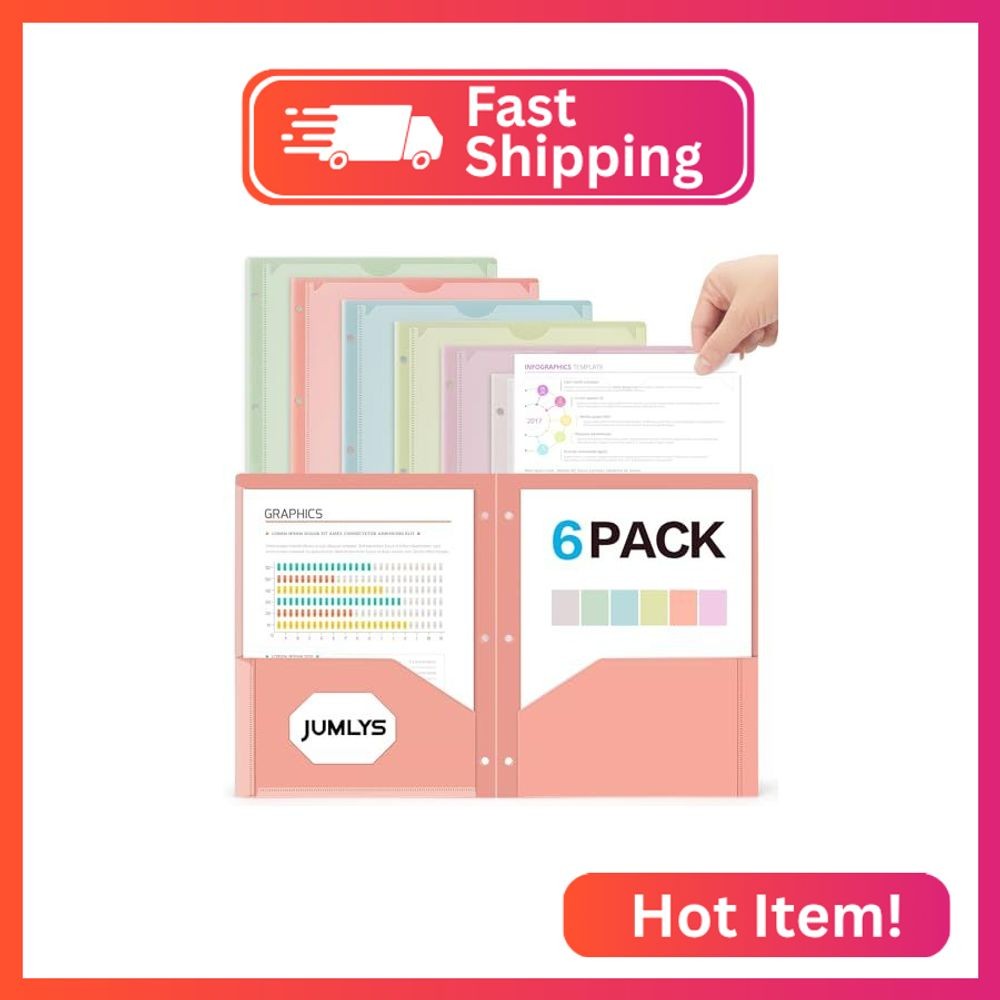 Jumlys 6 Pack 2 Pocket Folders with Clear Front Pocket and 3 Holes, Pastel Folde