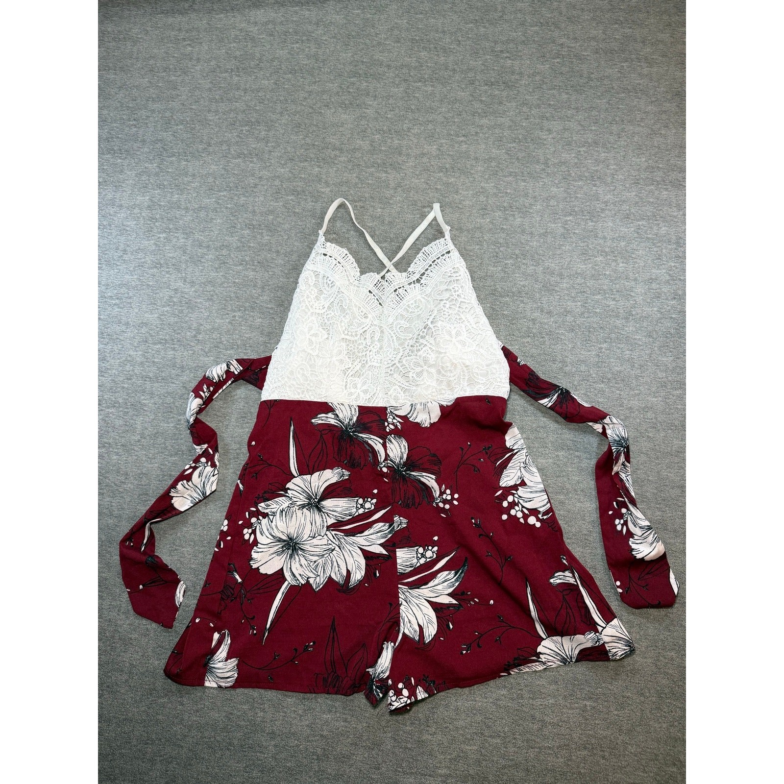 Multi Colored Romper-Large/Shorts/White/Tropical Red Bottom/Tie Back/Lace/SHEIN