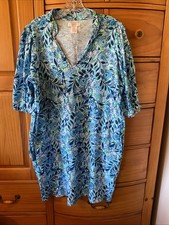 Stella Parker Dress XL knit Stretch Pullover Shift Blue White Green Floral Shell