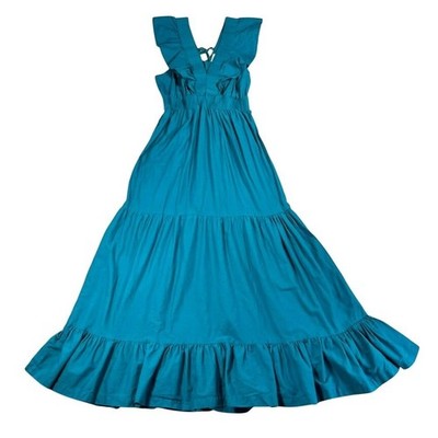 Gap Womens Teal Blue Cotton Ruffle Tiered Maxi Sundress Size M Smocked Waist