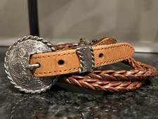 Vintage 1993 Western Braided Leather Belt 30 Etched Silver Buckle 34