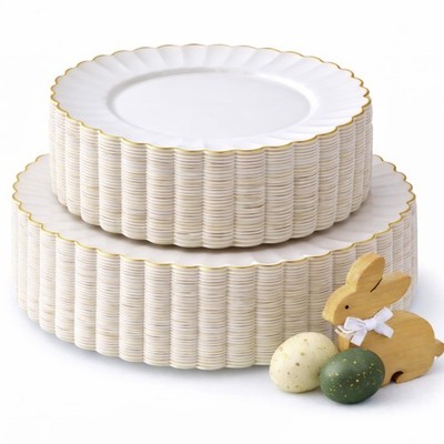 Premium 60piece Disposable Ivory Scalloped Plastic Plates With Gold Trim   30 Di