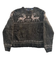 VTG 90s Gap Winter Reindeer Fair Isle Ski Nordic Chunky Sweater Medium Hand Knit