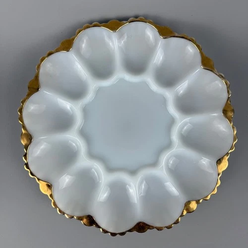 Vtg MCM Egg Plate Milk Glass Anchor Hocking Fire King  Deviled Egg Dish