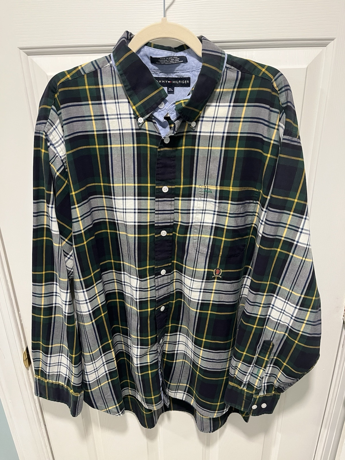 VTG Tommy Hilfiger Men’s XL Button Down Windowpane Plaid 100% Cotton Crest Y2K