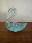 Fenton Blue Swan Hand Painted W/ Pink Flowers