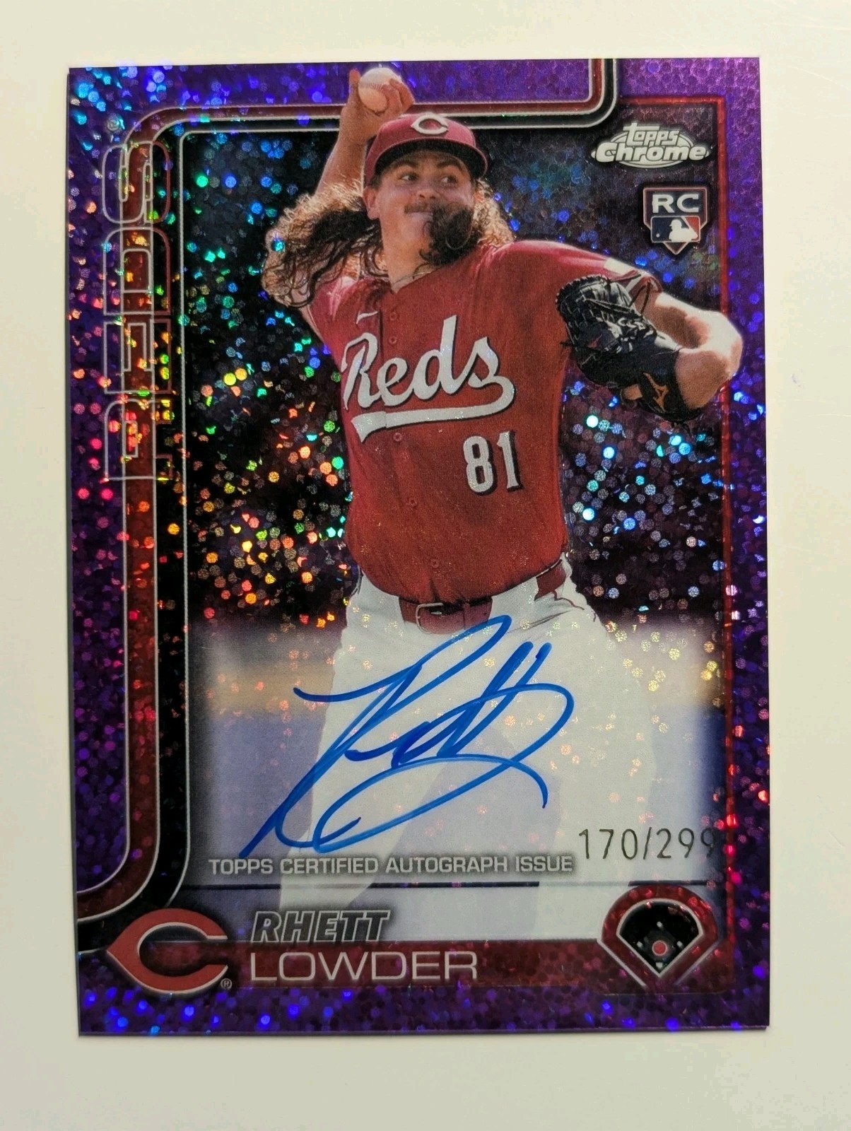 Rhett Lowder RC 2025 Topps Chrome Purple Speckle Auto /299 Reds Rookie