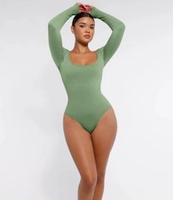 Long Sleeve Sage Green Thong Bodysuit 360 Waist Control Square Neck Sz 2XL