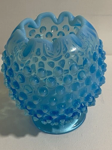 Vintage Fenton Blue Opalescent Hobnail Glass Rose Bowl Vase & Unmarked Blue Hob