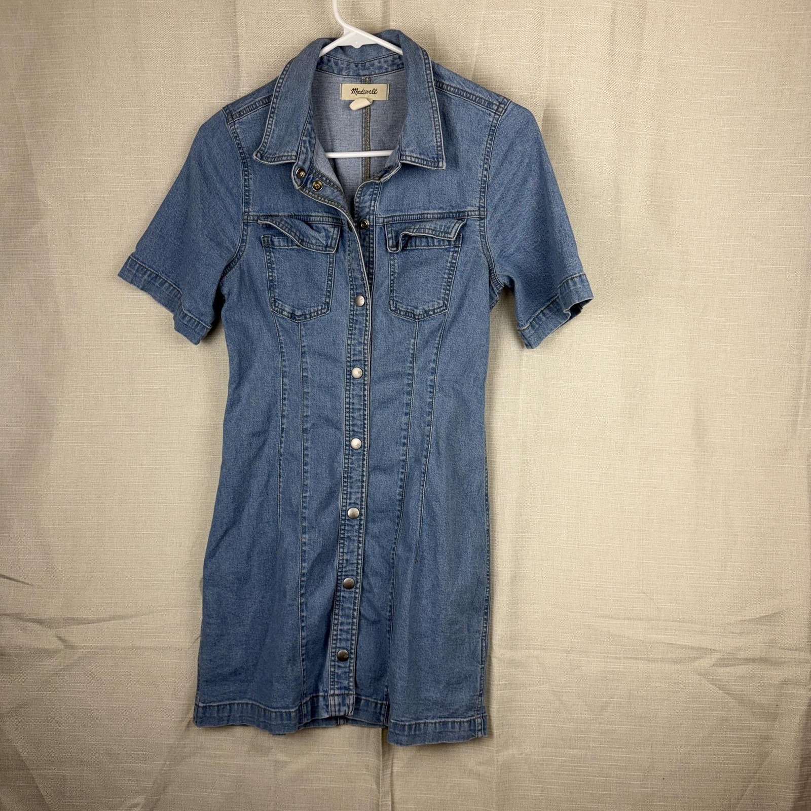 Madewell Dress Womens 2 Blue Denim Short Sleeve Snap Front Shirt Mini Stretch