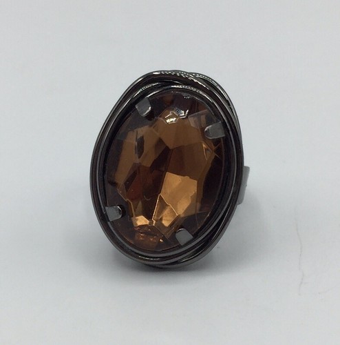 Faceted Faux Topaz Gunmetal Gray Oval Wire Wrap Nest Adjustable Ring Statement - Picture 3 of 10
