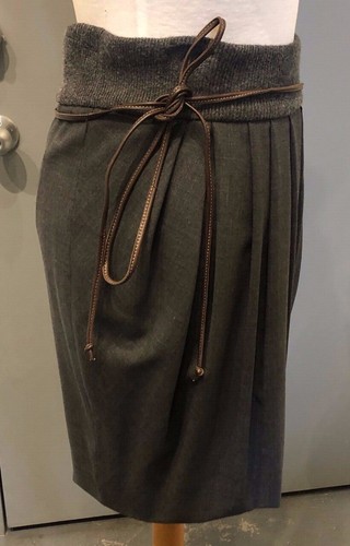 Brunello Cucinelli Gunex Grey Gray Wool Brown Leather Belted Skirt Italy Sz 2 - Picture 2 of 6