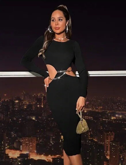 SHEIN BAE Cut Out Metal Chain Waist Sweater Dress s Long Sleeve SHEIN BAE Cut Out Metal Chain Waist Sweater Dress s Long Sleeve