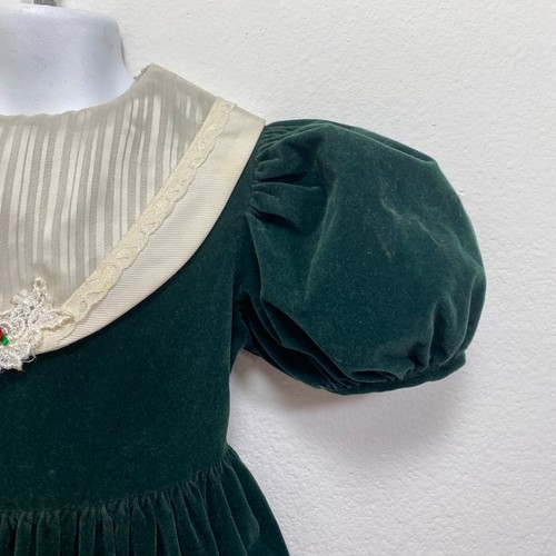 Vintage Girls Velvet Dress Size 5 Hunter Green White Lace Satin Bib Collar Party - Picture 5 of 10
