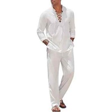 2pcs Set Men's Cotton Linen Shirt and Pants Suits for Men Beach Wear Tracksuit