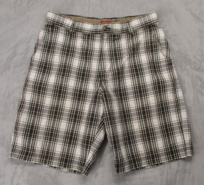IZOD Bermuda Chino Shorts Men's 36 Cream Dark Brown Gray Plaid Cotton Polyester
