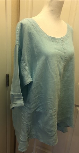 Blouse tunique grande taille coton bleu clair 100% lin manches 3/4 côté Click by Color me - Photo 2/11