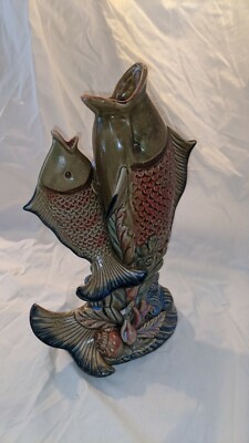 ANTIQUE FRENCH PALISSY MAJOLICA DUAL FISH THOMAS SERGENT? VASE 1880 PITCHER