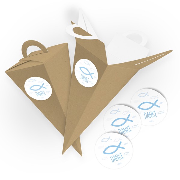 Itenga 25X GeschenktüTe Griff Braun Sticker Fisch Danke Hellblau Taufe Kommunion-image