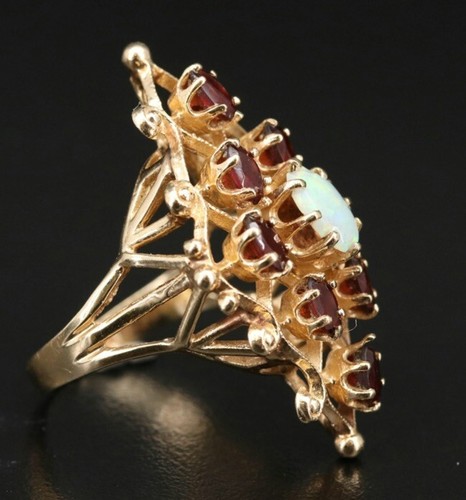 Vintage 14k Gold Weiß Opal & Granat Kompliziert Mid-Century Cocktail Ring Schönheit! - Bild 3 von 6