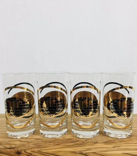 Vintage Set 4 Gold Schwarz 5" Becher Cocktail Gläser Globus Weltkarte Van Linien - Bild 4 von 10