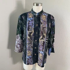 Citron Santa Monica Womens Medium Petite Silk Button Up Blouse Dragon Floral