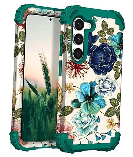 for Galaxy S23 Plus Case, Shockproof Heavy Duty Protection Soft Teal Flowers