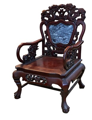 Antique Chinese Peranakan Dragons Rosewood Arm Chair With Marble Insert 