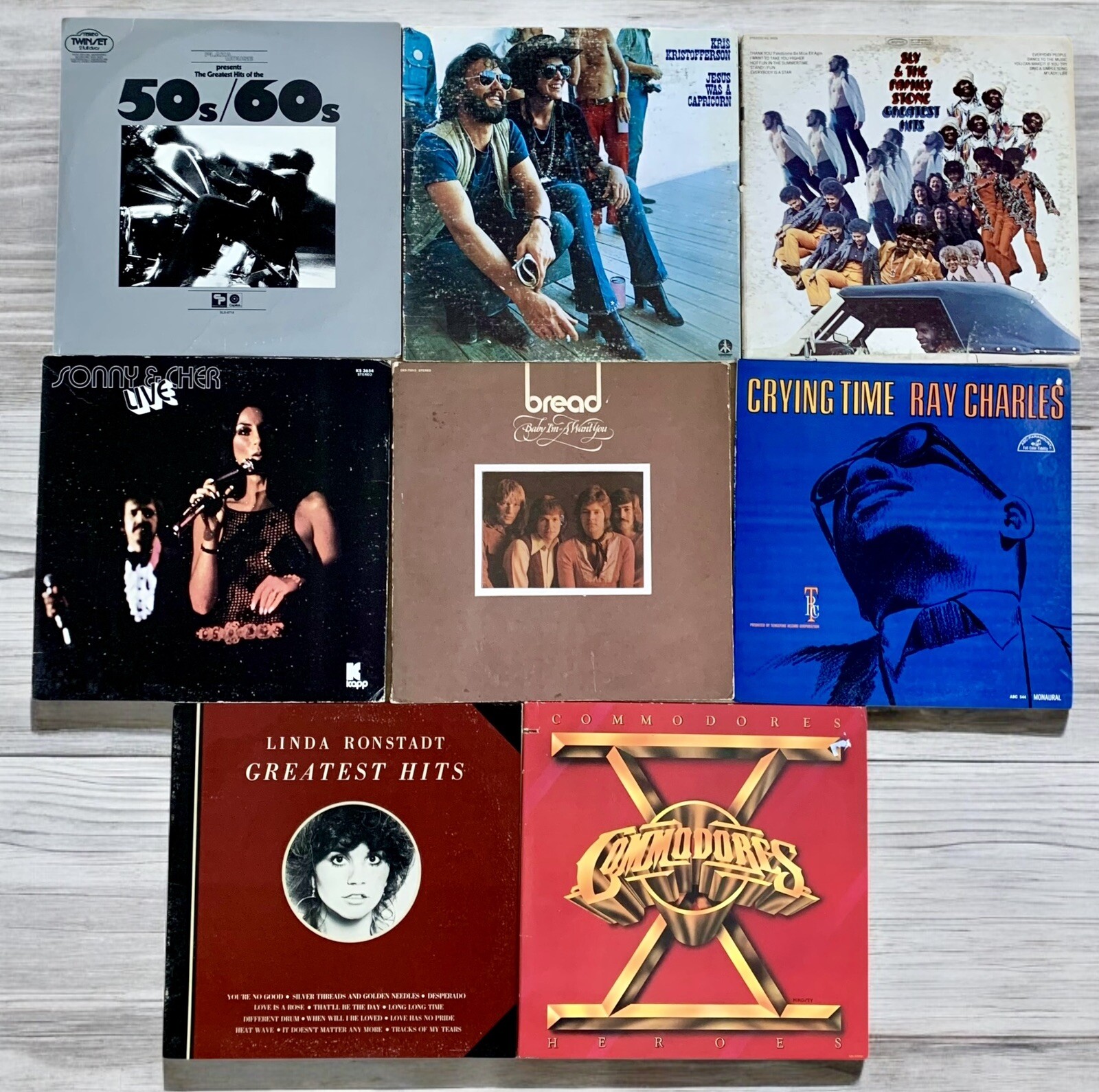 Lot of 8 Records 50’s-80’s Assorted - Bread, Sly, Ray Charles, Linda Ronstadt…