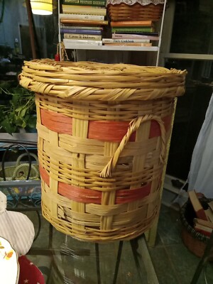 Vintage Pink Easter Basket Mexico Round Wicker Storage hamper Handles  Lid 