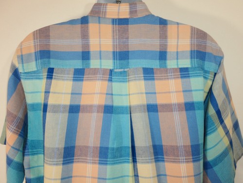 IZOD Mens Size M Linen & Cotton Plaid Camp Shirt Short Sleeve Blue Yellow Peach - Picture 10 of 11