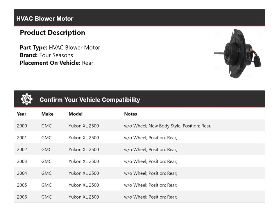 Задний двигатель вентилятора для GMC Yukon XL 2500 2000-2006 годов выпуска 4 сезона 2001 2002 2003 годов выпуска - Изображение 2 из 4