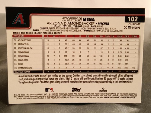 2025 Topps ✨CHROME✨ #102 Cristian Mena (RC) Arizona Diamondbacks - Picture 3 of 3