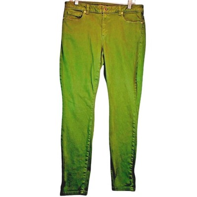 Michael Kors Izzy Skinny  Jeans Size 10 34×30 Green Pants Stretch Zip Up Gold