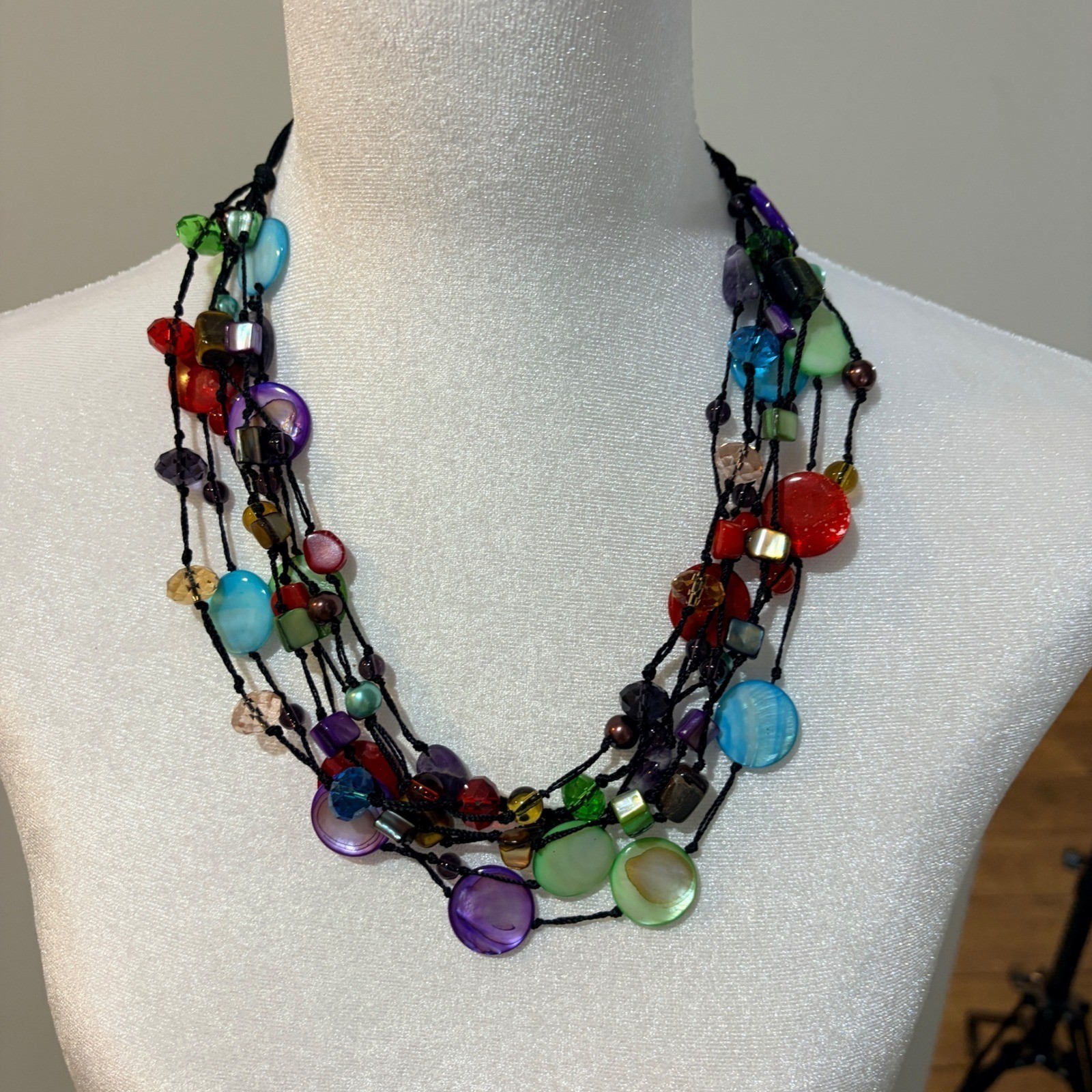 Multistrand Rainbow Bead Statement Necklace Shell… - image 1