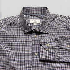 ETON Contemporary Dress Shirt Mens Size 16 - 37 Large Navy Brown Check Cotton