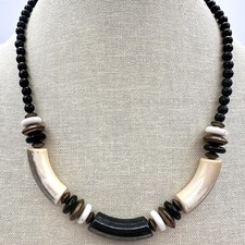 Vintage 90s Tribal Choker Necklace Bead Bone Black White Brown Statement Jewelry