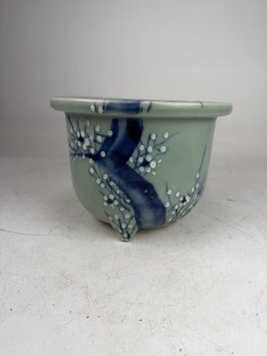 Vintage Japanese Seto Ware Bonsai Pot Celadon Blue White Plum Blossom Planter