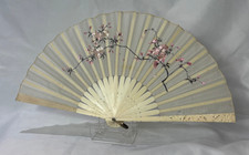 Antique Cream Silk Folding Fan Embroidered Pink Flowers Carved Sticks Guards