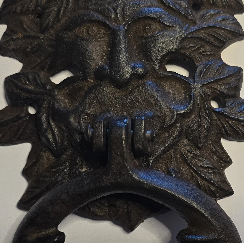 复古铸铁绿人门敲门器 8.5 英寸高 Foliate 面具建筑 — 第 3/4 张图片