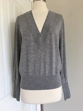 VERONICA BEARD TATIANA GRAY METALLIC TRIM WOOL BLEND V NECK SWEATER SIZE L
