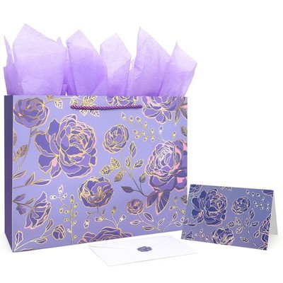 Oletx 13'' Gold Purple Flower Paper Gift Bags,Happy Birthday Gift Bags with Ti...