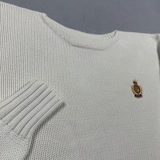 Vintage Polo Ralph Lauren Crest Knit Sweater Off White Navy Stripe Large Cotton